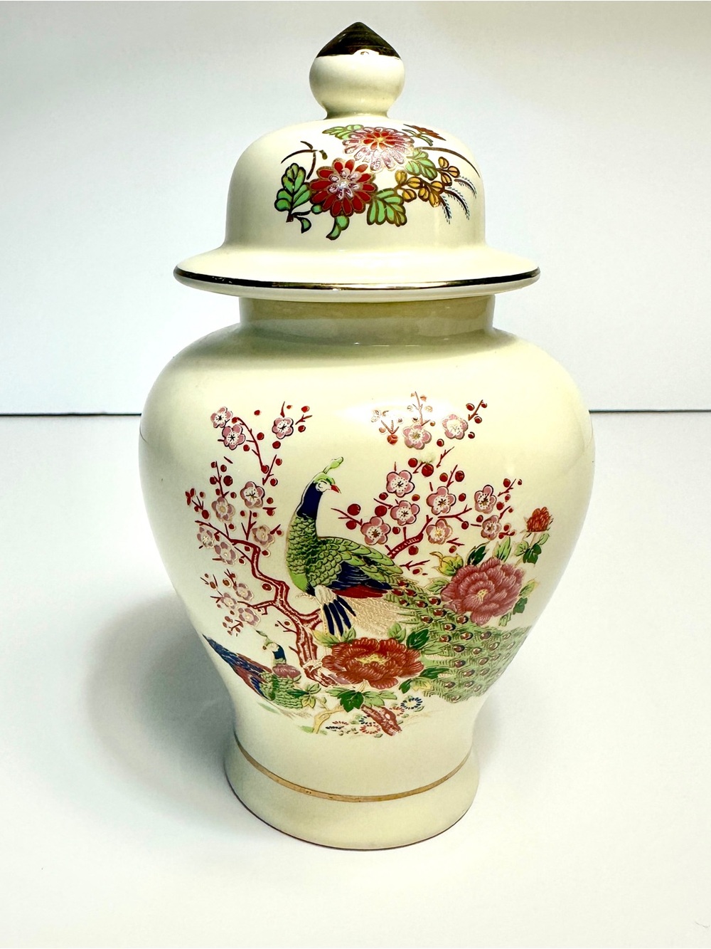 Vintage Japanese Satsuma Style Ginger Jar • Peony & Peacock Motif • Cream